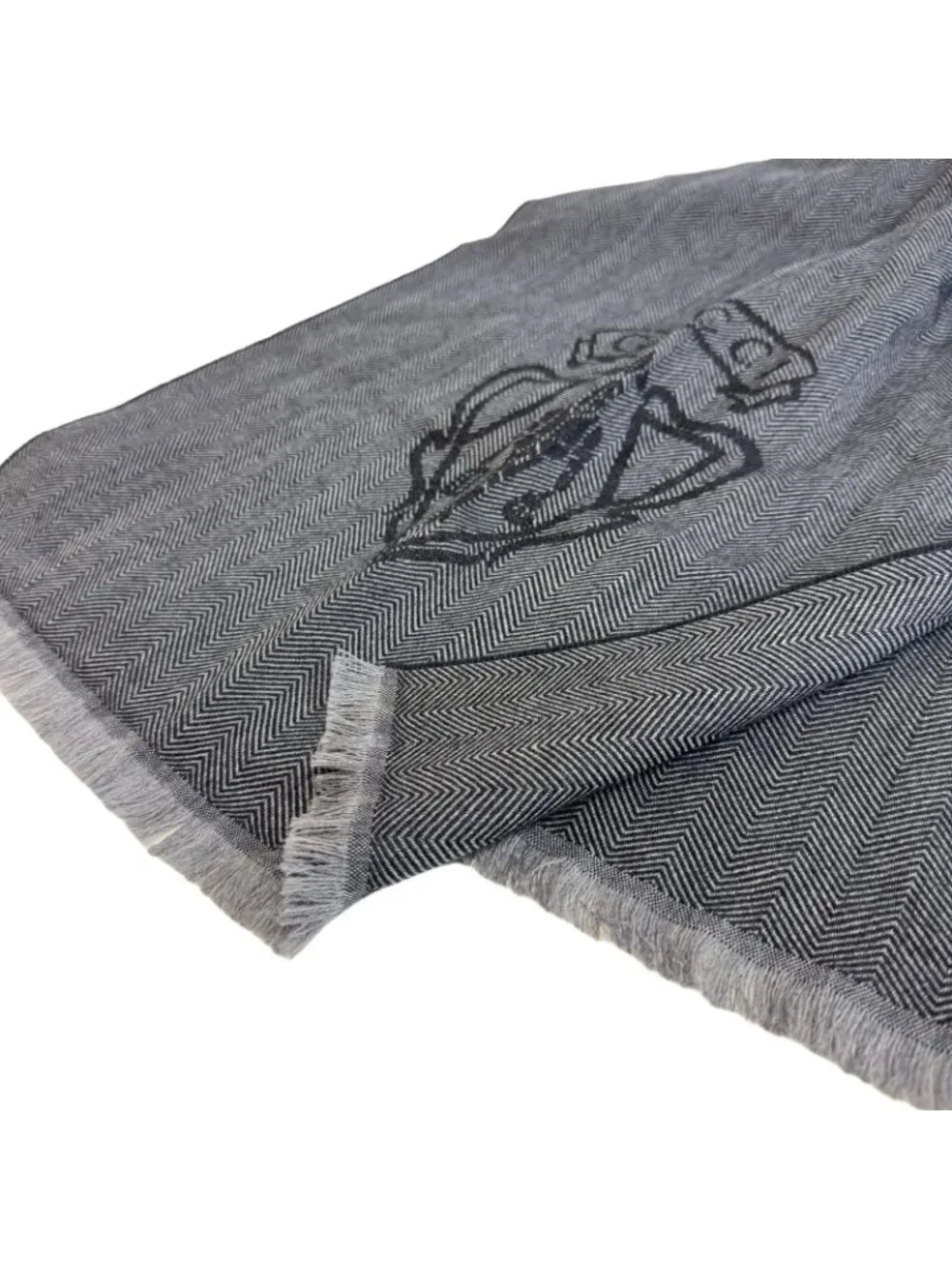 Gucci Fringe Herringbone Wool Scarf Shawl Gray Simple